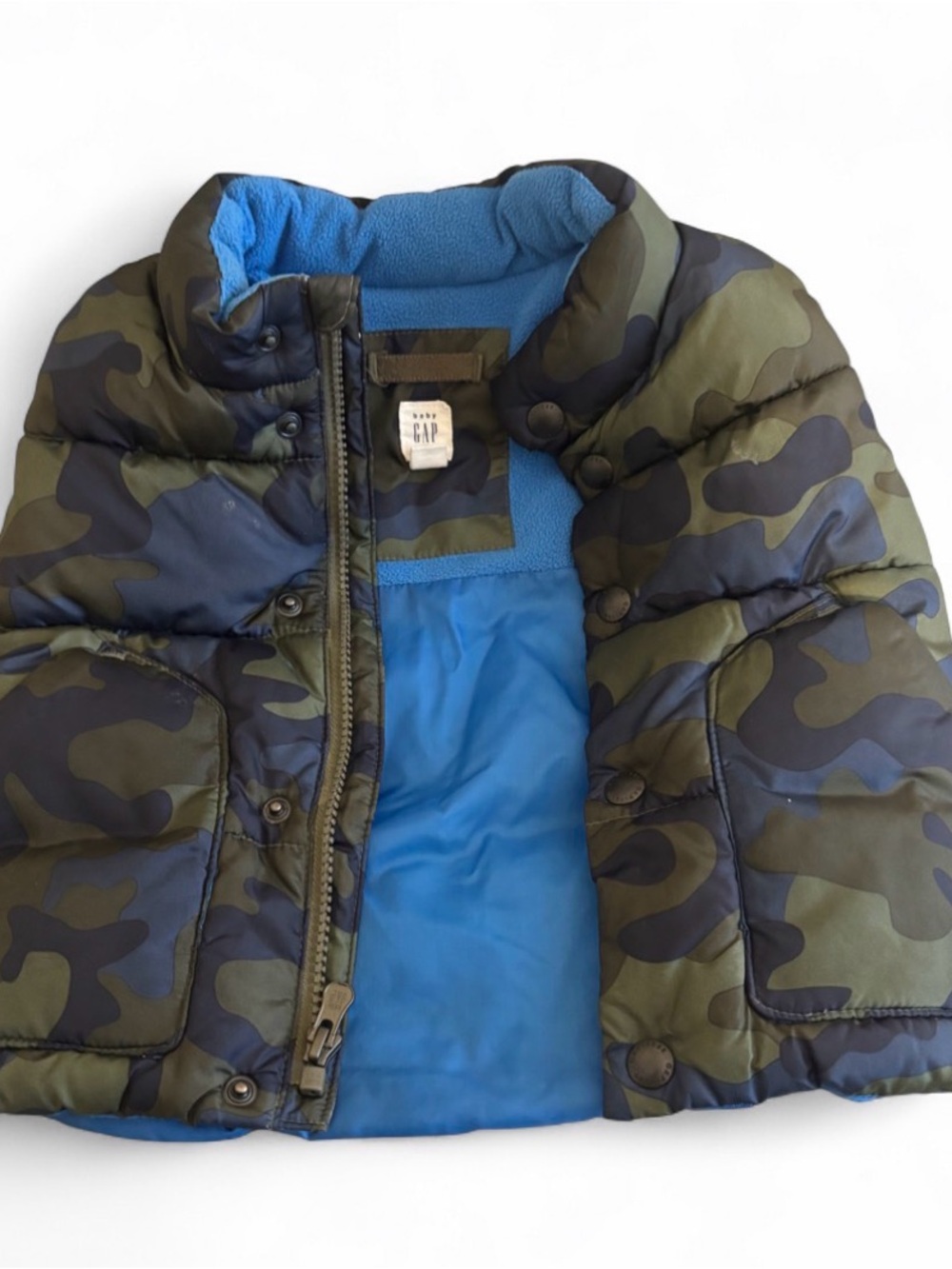 GAP Boys Camouflage Puffer Vest with Blue Lining
